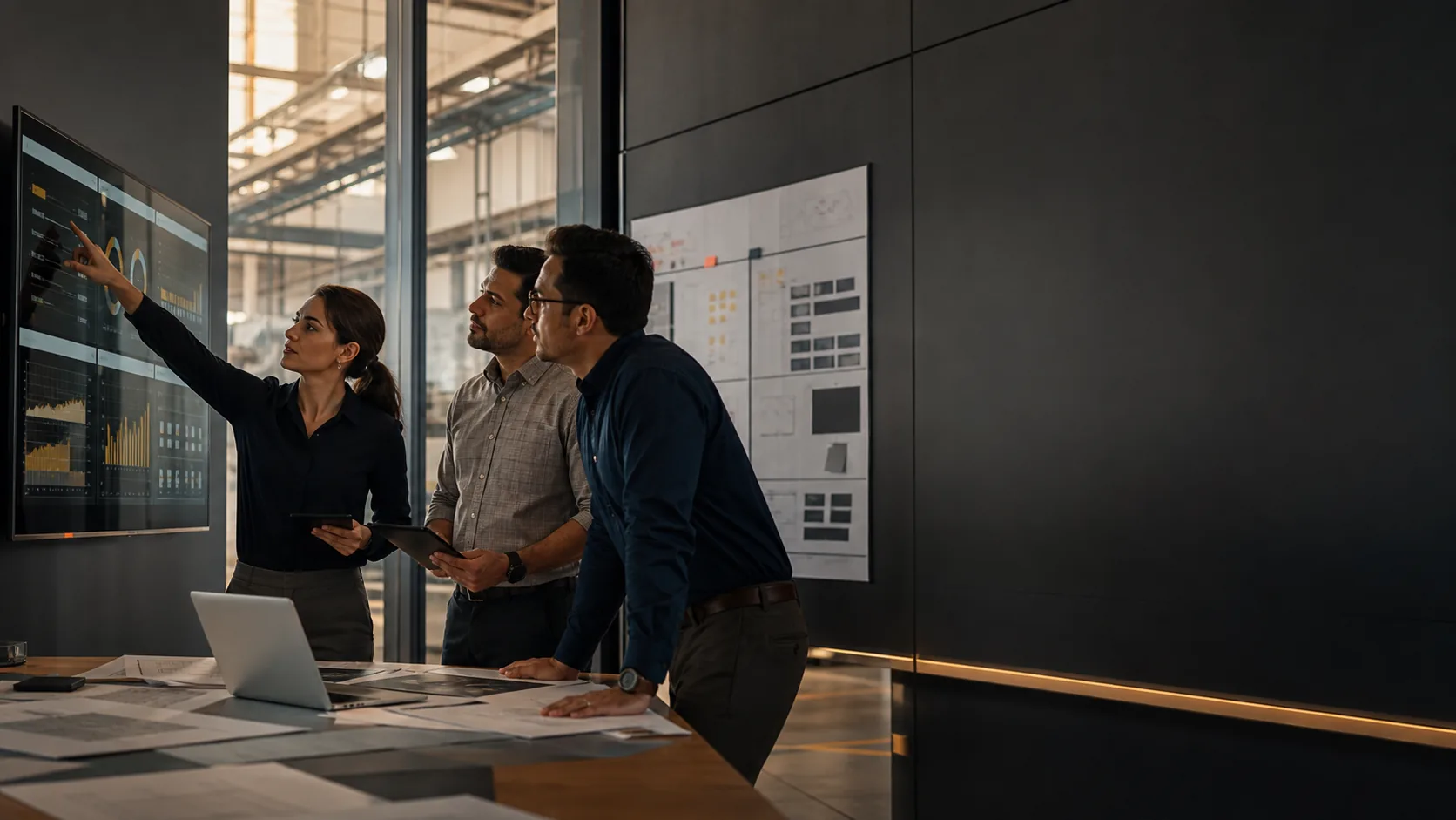Equipo empresarial trabajando con inteligencia artificial aplicada a operaciones